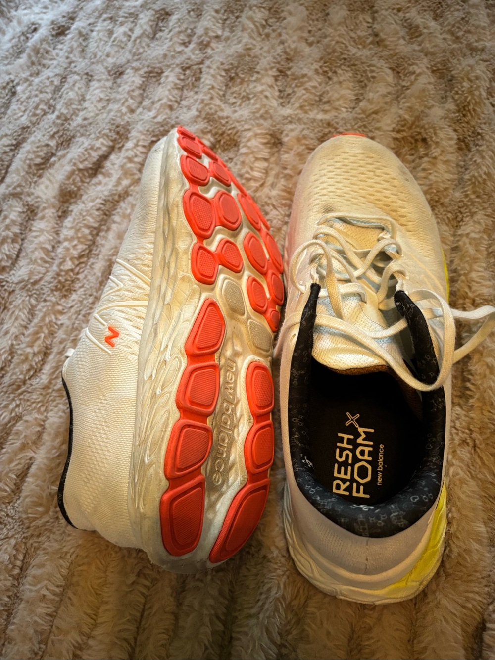New Balance White Running Sneakers with Coral and Yellow Accents